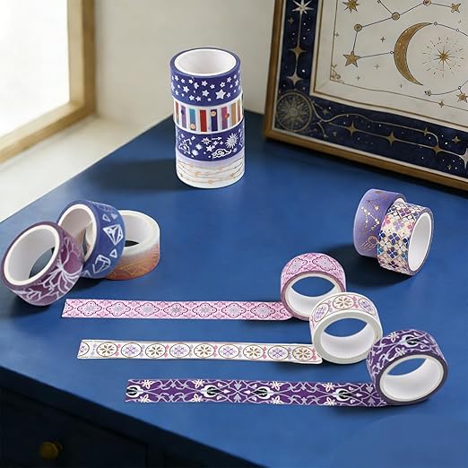12 Rolls Galaxy Washi Tape Set Purple Stars Decorative Tapes Silver Gold Foil Masking Tape for Scrapbook Bullet Journal Planner DIY Art Craft Party Decor Gifts Wrapping