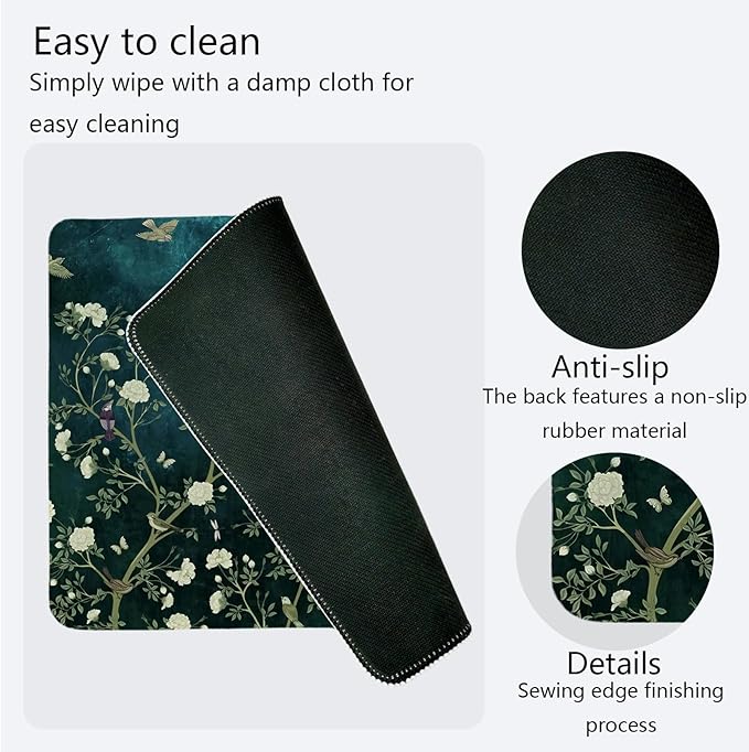 Blue Chinoiserie Mouse Pad,Cherry Blossom Bird Desk Mat,Vintage Spring Floral Mouse Pad,Dark Greens Floral Mousepad,Girly Laptop Desk Mat for Dorm Home Office Decor,10.2x8.2 Inch