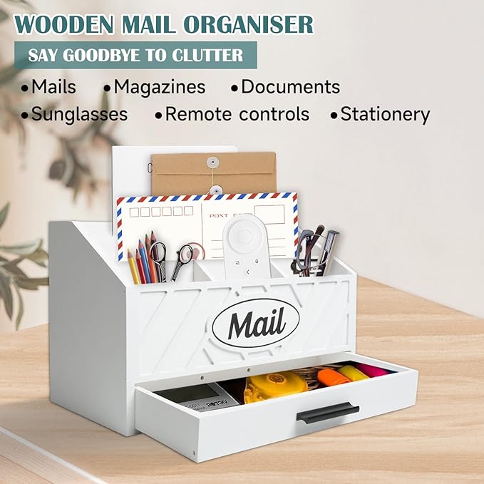 Wood Desktop Mail Organizer, Mail Organizer Countertop with 6 Compartments and Drawer, Wood Mail Holder Office Accessories for File Letter Paper Folder, White
