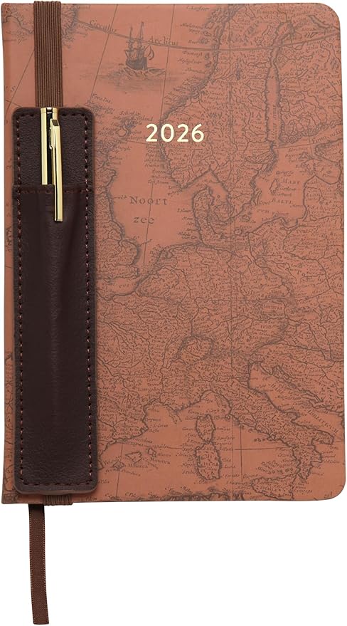 WORLD TRAVELER 2026 Planner - Weekly and Monthly Planner - 6x8 Planning Notebook & Calendar Agenda with Pen, Size 6X8, Brown Map