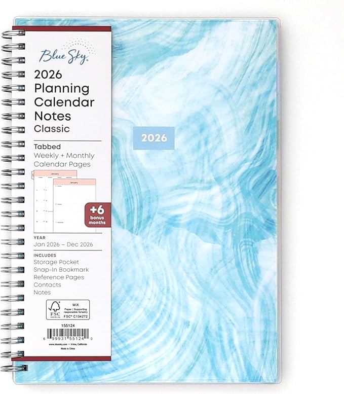 Blue Sky 2026 Weekly and Monthly Planner Calendar, January 2026 - December 2026, 5.875” x 8.625”, Flexible Cover, Storage Pocket, Ruler, Colorful Interior, Includes Extra 30 Sheets of Notes, Tides