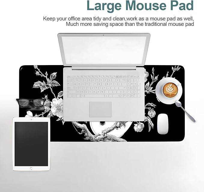 Yin Yang Cherry Blossom Gaming Mouse Pad 31.5"x11.8", Black and White Floral Large Desk Mat, Extended Keyboard Mousepad with Non-Slip Rubber Base, Stitched Edges Mouse Pads for Desk Home Office Gaming
