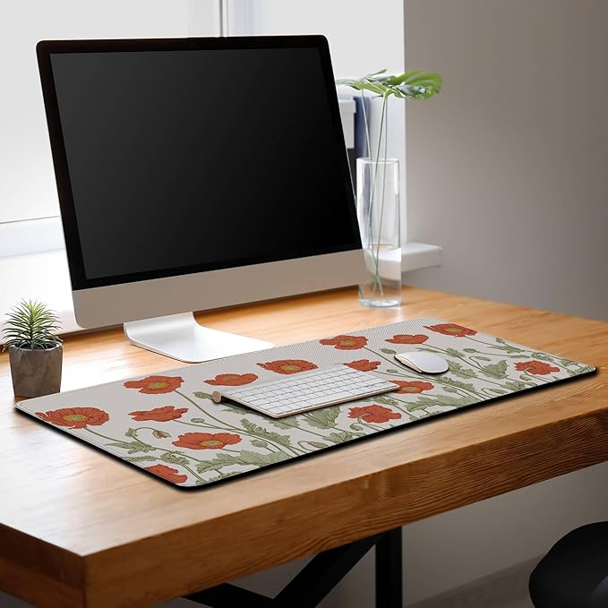 Gaming Mouse Pad Red Work Desk Mat, Large Mouse Pads Computer Deskmat, The Desk Mat Non-Slip Rubber Base Waterproof with Stitched Edges, 35.4" X 15.7" for Work/Game/Office/Home Poppies Flower