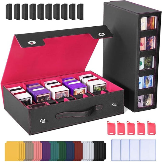 Trading Card Storage Box with Commander Display, 5 Row Magic Card Box with Handle & Aluminum Alloy Locking for 3900+ Unsleeved Cards Suits for MTG PTCG TCG Sports Cards (Black Red)