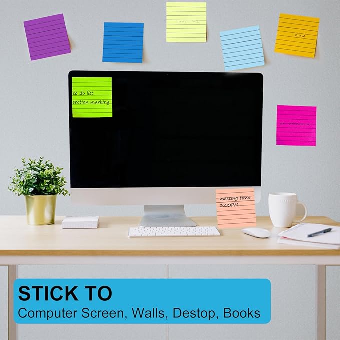 48 Pack Lined Sticky Notes 3x3 in, 8 Colors Self Sticky Notes with Lines, Post Stickies Colorful Sticky Memo Note Pads for School and Office Supplies, Multicolor