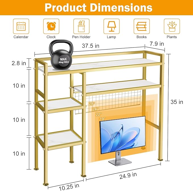 Desk Shelf，37.5" Desk Shelves and Desk Organizer Shelf，4 Tier Riser Storage Rack，Modern Desk Hutch for Home Office Dorm，Iron and Wood, Gold