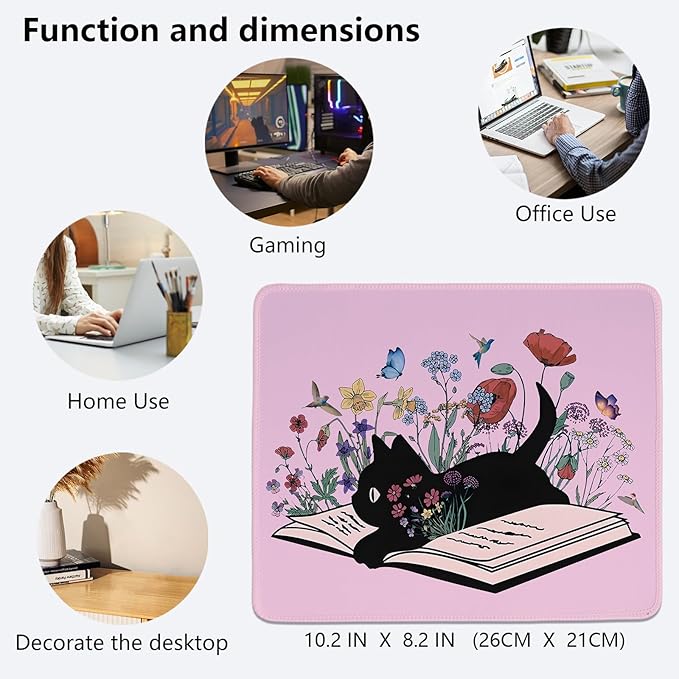 Kawaii Mouse Pads,Cute Black Cat Mouse Pad,Girly Pink Floral Desk Mat for Home Office Dorm Desktop Decor,Cat Lover Gift,10.2x8.2 Inch