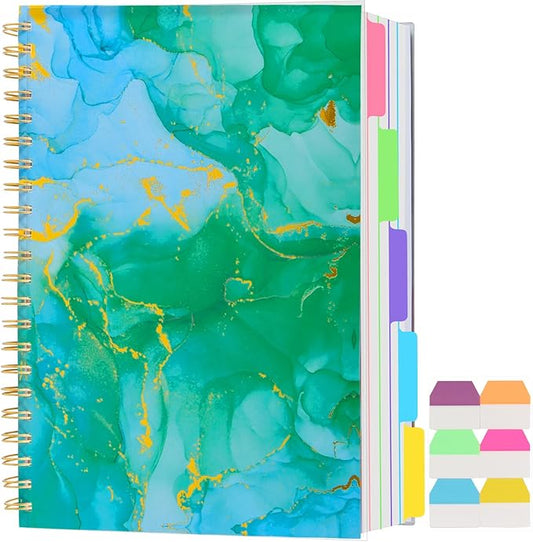 5 Subject Notebook College Ruled, A5 Spiral Notebook with Removable Pocket Dividers Tabs, Lined Organizer Notebook Journal for Women, 240 Pages Notebooks for Work School Note Taking, Green Marble