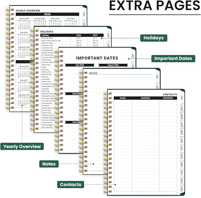 2026 Planner, Weekly and Monthly Calendar Planner, January 2026 - December 2026, Hardcover 2026 Calendar Book with Tabs For Women & Men, Inner Pocket, Spiral Bound, Perfect for Office Home School Supplies - A5 (6.3" x 8.5"), Dark Green