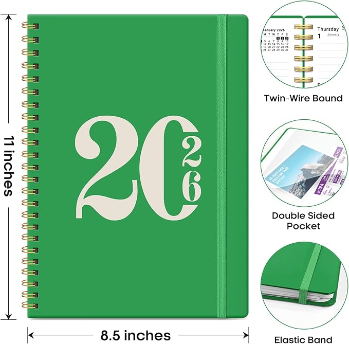 2026 Planner, Weekly and Monthly Calender Planner, Jan 2026 to Dec 2026, Hardcover 2026 Calendar Book with Tabs & Inner Pocket, Office Home School Supplies for Women & Men - A4 (8.5" x 11"), Racing Green