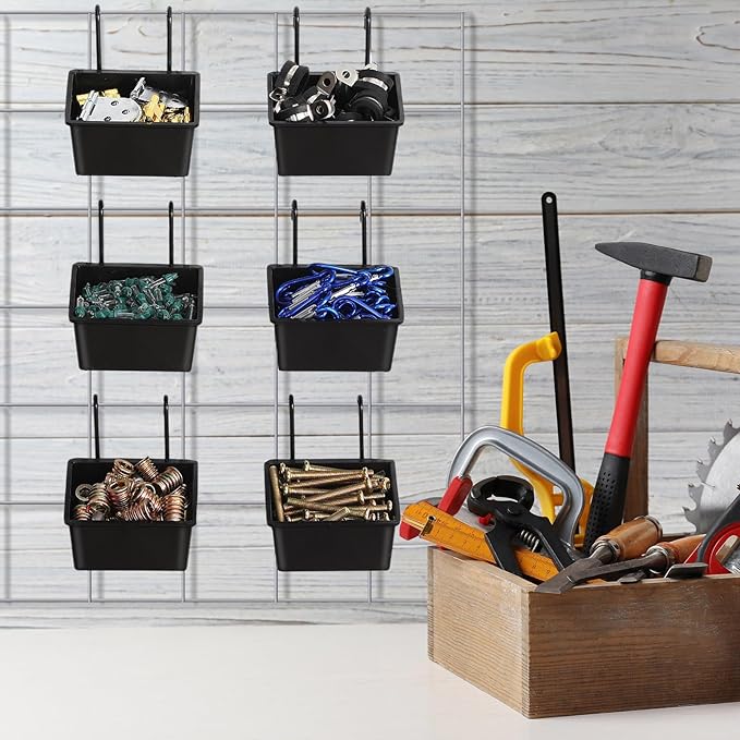 6 Pcs Grid Wall Storage Bin with Hooks, Square Box Shape Hanging Baskets, 3.5 x 2.5 x 1.8 Inch Pegboard Cups for Garage, Kitchen, Office, Craft Room Durable Space Saving Organizer