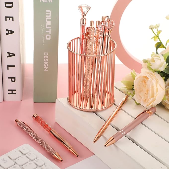 Janmini 9 Pcs Rose Gold Ballpoint Pens Set with Metal Crystal Diamond Design for Women - Fancy Pens for Journaling, Writing, Gifts