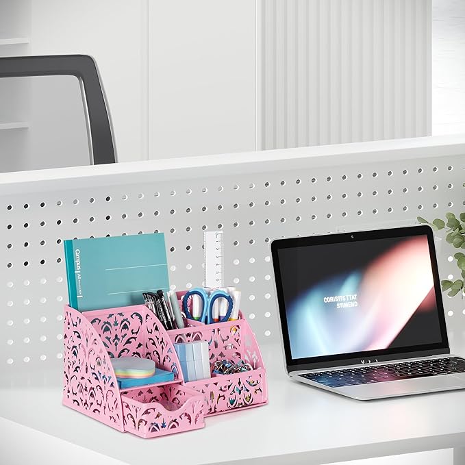EasyPAG Pen Holder Desk Organizer with Drawer Pencil Cup for Desk 6 Compartments Metal Office Caddy Storage with Sticky Notes Holder for School Home Office, Pink