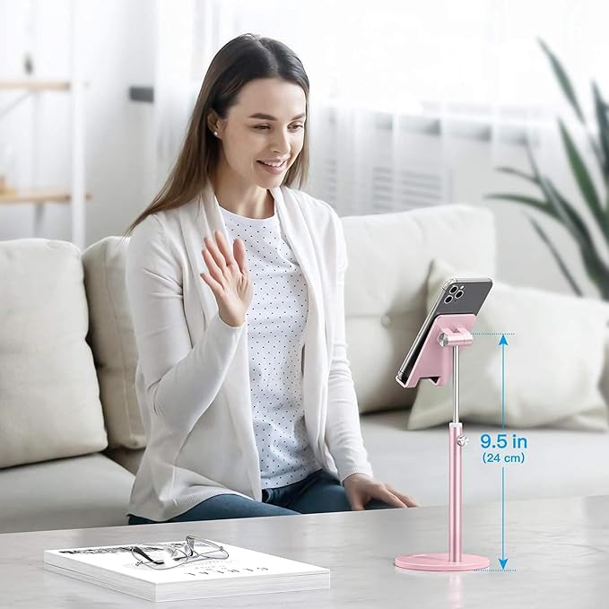 OMOTON Cell Phone Stand, Angle Height Adjustable Phone Stand, Aluminum Desktop Phone Holder Dock Stand for Desk, Compatible with iPhone 13/Mini/Pro/Max, All Smartphones and Tablets(4-11''), Rose Gold