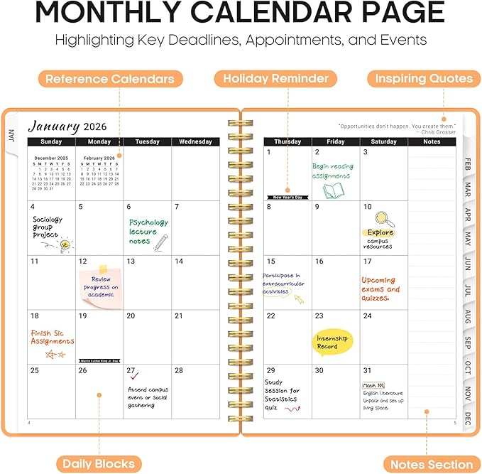 2026 Planner, Weekly and Monthly Calender Planner, Jan 2026 to Dec 2026, Hardcover 2026 Calendar Book with Tabs & Inner Pocket, Office Home School Supplies for Women & Men - A5 (6.3" x 8.5"), Bright Orange