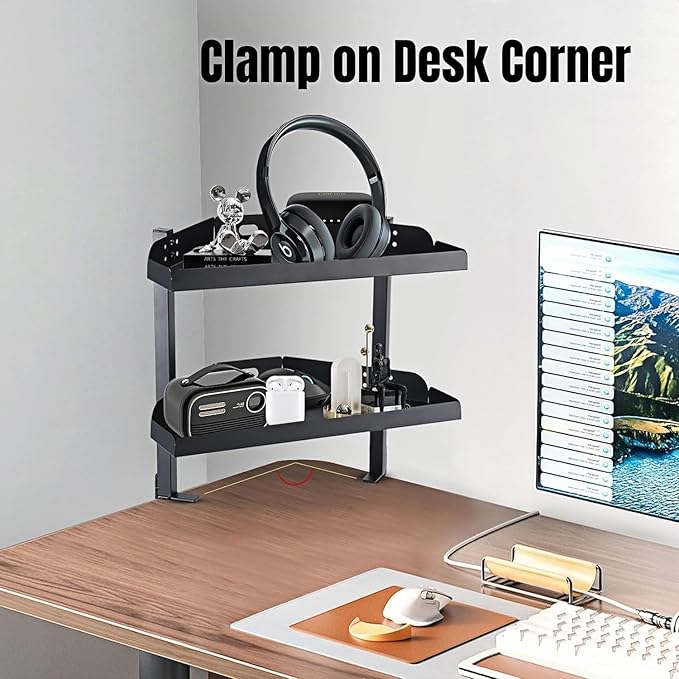CanKing Clamp Desk Corner Shelf 2 Layer Clip On or Under Table Corner Organizer, Black, 16 inch