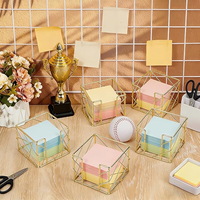 6 Pcs Sticky Note Holder, Memo Note Cube Holder 4x4x3.15Inch Mesh Desk Organizer for Notepads Pens Home Office Desk Supplies (Gold)
