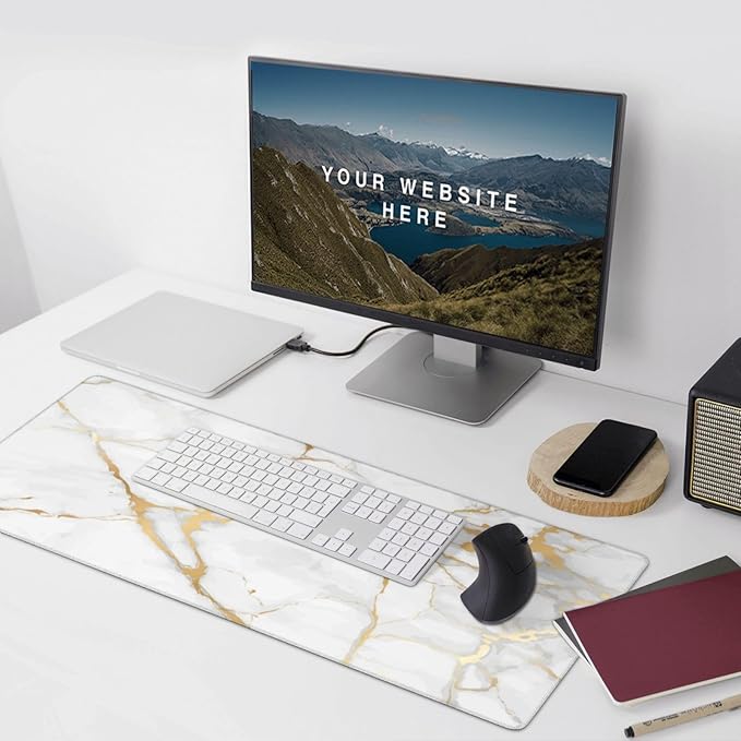White and Gold Marble Mouse Pads XXL Extended Mousepad with Stitched Edges Non-Slip Rubber Base Computer Keyboard Pad Desk Mat for Home Office Desk Decor, 35.4" X 15.7"