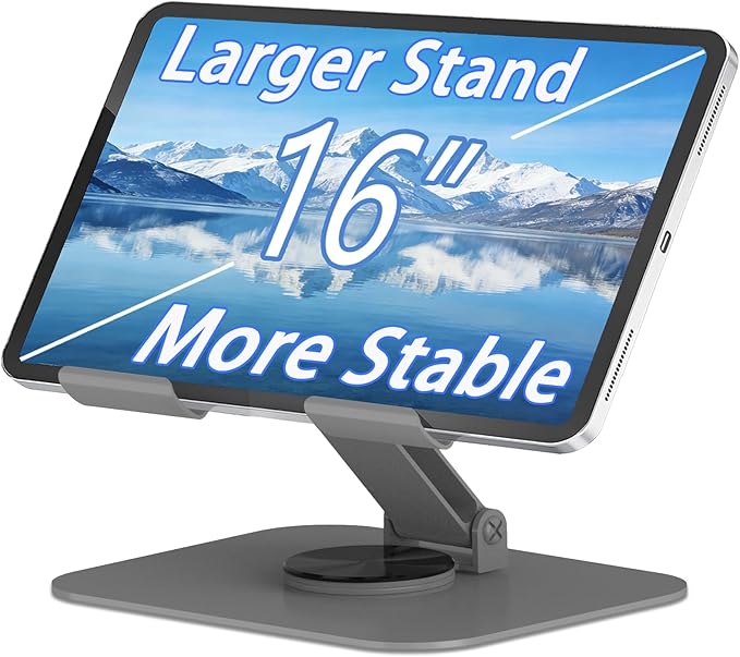 Larger Metal Tablet Stand, Adjustable 360° Rotation Tablet Holder Compatible with 4-16" Tablet Such as iPad Pro Air, iPad mini, Tab S10 Ultra, Grey