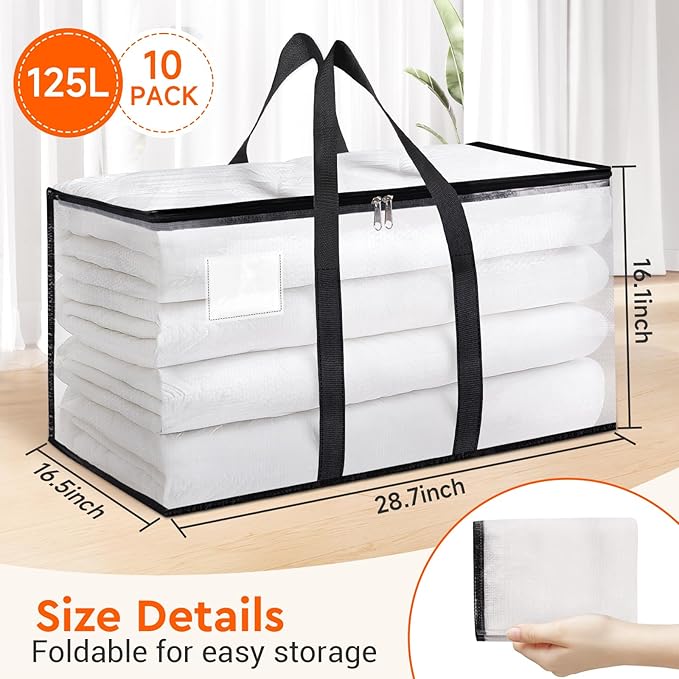BlissTotes Moving Bags, 125L 10-Pack Storage Bags, Moving Box Heavy Duty Extra Large, Moving Totes with Zipper, Reinforced Handles Boxes for Packaging Moving, Decorative Wreath Storage
