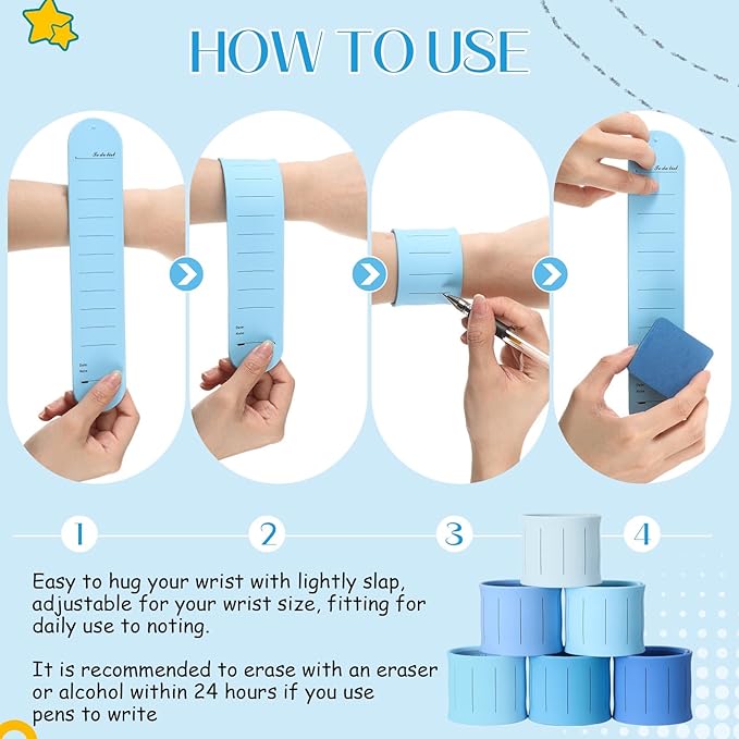 6 Pcs Nurse Silicone Bracelet To Do List Slap Silicone Reminder Bracelet Reusable Wearable Wrist Waterproof for Work Wrist Strap (Blue Color,Tranquil Style)
