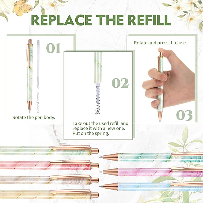 Sherr 7 Pcs Fancy Pens for Women Cute Sparkly Glitter Pens with 10 Pcs Black Ink Refills Pretty Gifts for Girls Office School Christmas Graduation(Marble)