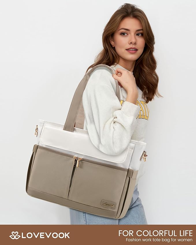 LOVEVOOK Upgrade Version Work Bags for Women 15.6 Inch Laptop Bag Large Capacity Mutiple Pockets Teacher Bag Water Resistant Canvas Tote Bag Purse for Office Travel College Nurse Teacher, Khaki Beige