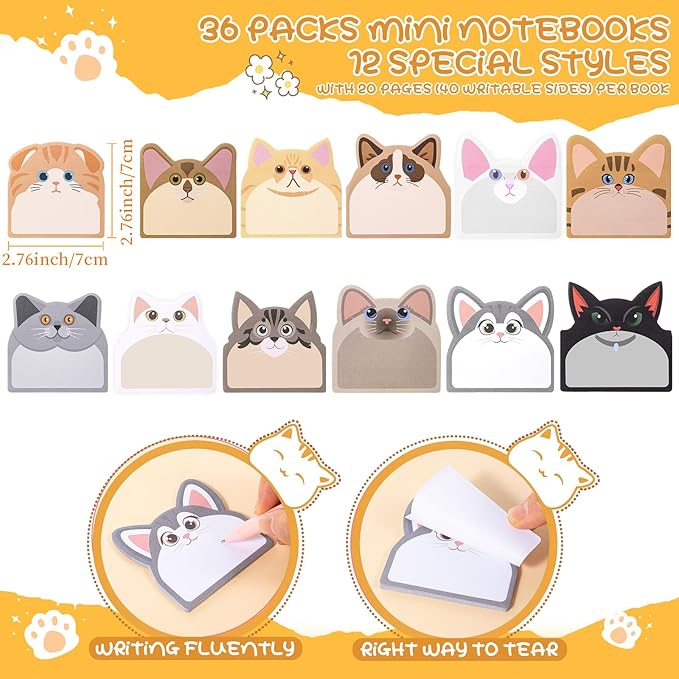 Maxdot 36 Pads 1080 Sheets Cute Sticky Notes, Fun Cat Sticky Notes Pad Self Adhesive Cartoon Memo Pads Bulk for Gift School Tab Office Home Supplies