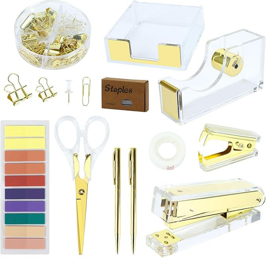 Buqoo Gold Acrylic Sticky Notes Holder Stapler and Tape Dispenser Cutter with Staple Remover, Sticky Notes, Paper Clips, Scissor, Ballpoint Pen for School Home N Office Supplies