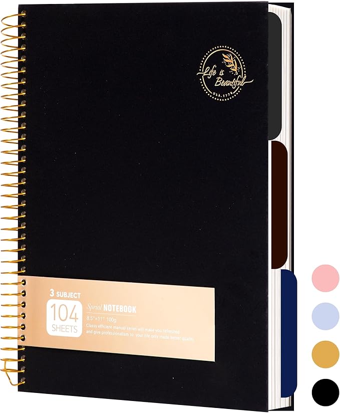8.5 x 11 Large Spiral Notebook 3 Subject Spiral Notebook Hardcover Spiral Notebook for note taking 120 Sheets College Ruled Journal for School Office Supplies Writing Journal,Black