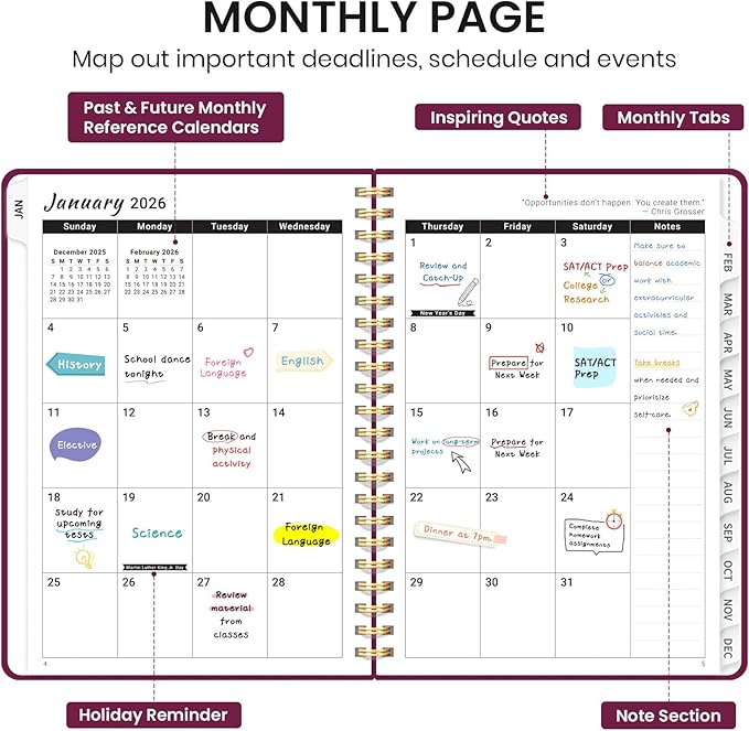 2026 Planner, Weekly and Monthly Calendar Planner, January 2026 - December 2026, Hardcover 2026 Calendar Book with Tabs For Women & Men, Inner Pocket, Spiral Bound, Perfect for Office Home School Supplies - A4 (8.5" x 11"), Crabberry Red