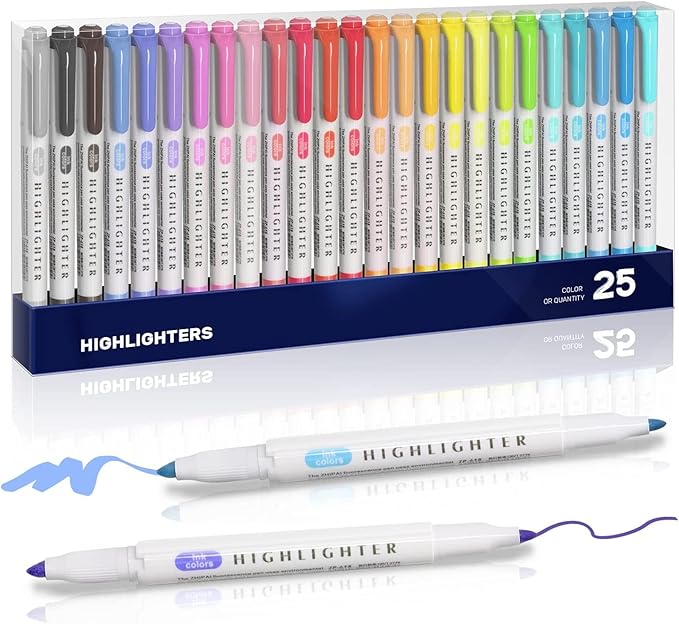 YOOUSOO 25 Pack Pastel Highlighters Assorted Colours, Dual Tip Bible Highlighter, Chisel Tip Mild Highlighters No Bleed Fluorescent Highlighter Pens for School Student Office Journals