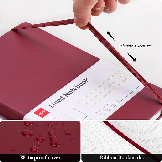 deli A5 Lined Journal Notebook, 160 Pages Hardcover Writing Notebook, 5.5"x8.2" College Ruled Notebook for Office, School, Work Notes (Red)