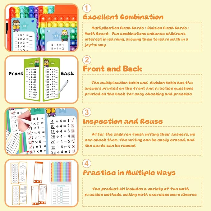Multiplication Flash Cards + Division Flash Cards + Math Board, Math Flash Cards & Chart, Times Table Manipulatives for Preschoolers 3rd,4th,5th,6th Grade