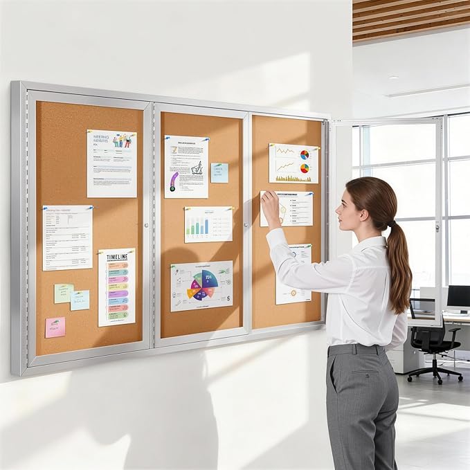 SWANCROWN Enclosed Bulletin Board 70x43in, Outdoor Bulletin Board Weatherproof for Office School Commerce, Cork, Sliver Aluminum Frame