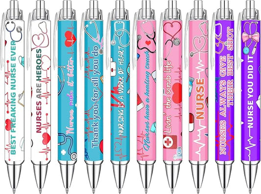 Idealmuzik Nurse Appreciation Week Ballpoint Pens Set of 10 – Nurse Theme Pens with Stethoscope, Heart & ECG Designs and Encouraging Quotes – Smooth Black Ink Pens for Hospital, Office, and Daily Use