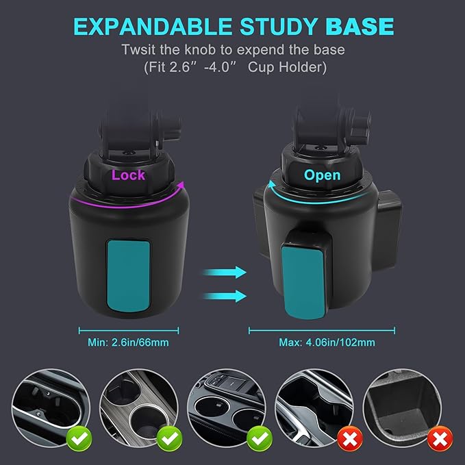 Cup Holder Car Tablet Mount, 360° Adjustable 2-Arm Stand Holder for iPad Pro 12.9/11/10.5/9.7/Air/Mini 6/5/4, Galaxy Tab/Z Fold 6/5, Amazon Fire HD, iPhone 16/15/14/Pro, 4.7-12.9" Tab & Phone