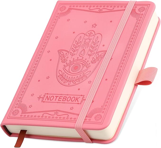 Inner Pocket Notebook Lined Journal 4X 6 Hardcover Leather 288 Page Finger Aesthetic Bound Record College Ruled Reading Diary Notepad For Women Men Travel Work School Office Writing -Pink