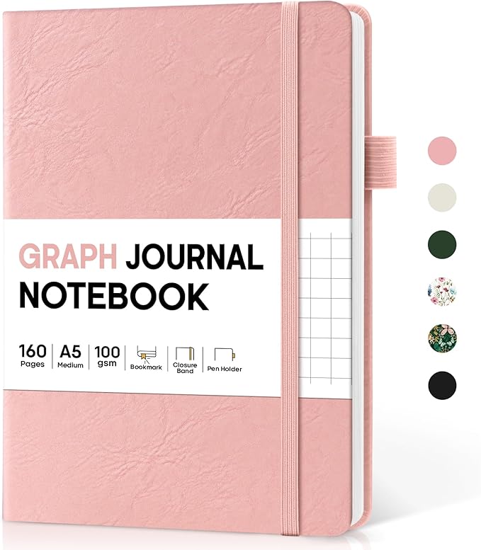 Taja Graph Journal Notebook for Women & Men, Hardcover Leather Journal for Writing, A5 Graph Paper Notebook for Planning & Tracking, Perfect for Office School Home Supplies, Pink