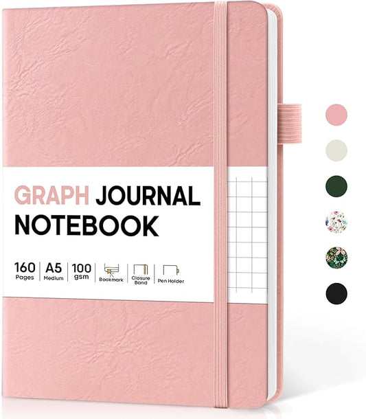 Taja Graph Journal Notebook for Women & Men, Hardcover Leather Journal for Writing, A5 Graph Paper Notebook for Planning & Tracking, Perfect for Office School Home Supplies, Pink