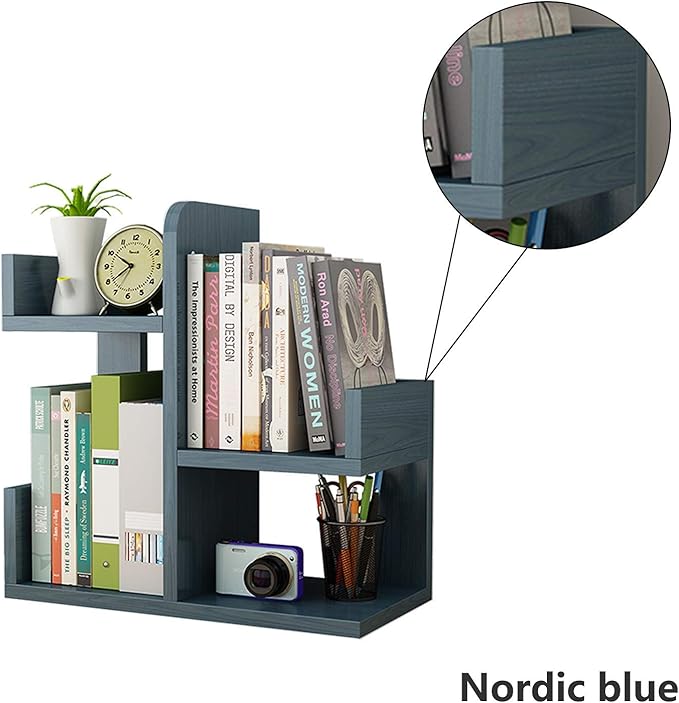 Wooden Desktop Shelf Small Bookshelf Mini Bookshelf Assembly countertop Bookcase Accessories Display Stand Office Supplies Desk Storage Box (Nordic Blue)