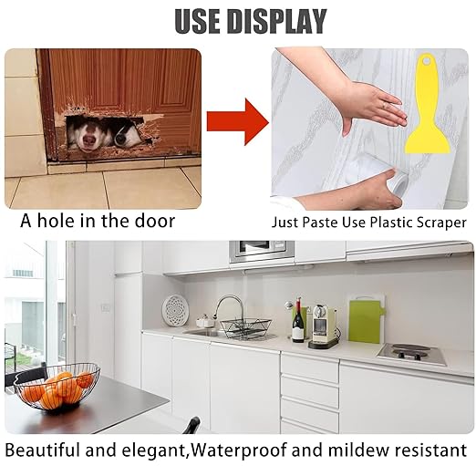 4" X33' Size Realistic Wood Grain Repair Tape, Self Adhesive Wood Grain Repair Patch for Table, Chair, Door, Windows, Floors, Furniture Renovation, Hand DIY. With Plastic Scraper. Gold Line White Wood