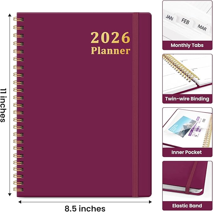 2026 Planner, Weekly and Monthly Calendar Planner, January 2026 - December 2026, Hardcover 2026 Calendar Book with Tabs For Women & Men, Inner Pocket, Spiral Bound, Perfect for Office Home School Supplies - A4 (8.5" x 11"), Crabberry Red