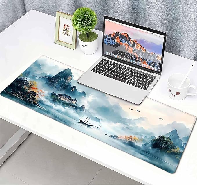 Japanese Mountain Landscape Painting Large Mouse Pad, Desk Mat Computer Keyboard Pad Non-Slip Rubber Base Waterproof with Stitched Edges for Laptop Gaming, Office & Home 31.5 x 11.8 Inch