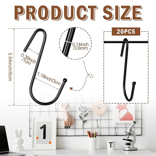 Hicarer 20 Pcs Gridwall Hooks S Shaped Heavy Duty Black Display Hooks Gridwall Shelf Accessories Hanging Hangers for Art Clothes Painting Photography Canvas