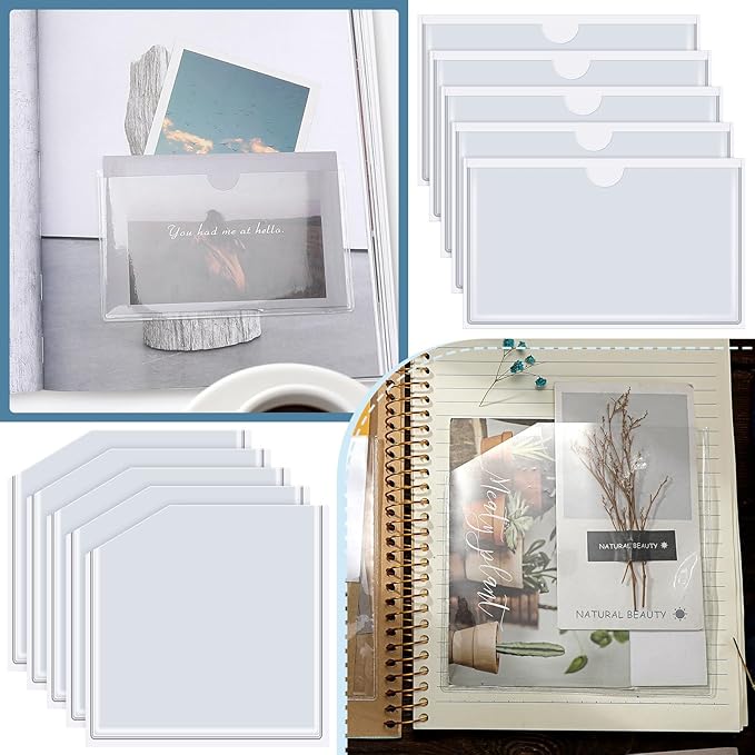 Junkin 10 Pcs Adhesive Pockets for Planners Index Card Pockets Planner Accessories Folder Self Sticky Clear Ideal Holder Top Open Add Storage Space to Notebooks Journal Office School Vinyl, 2 Styles