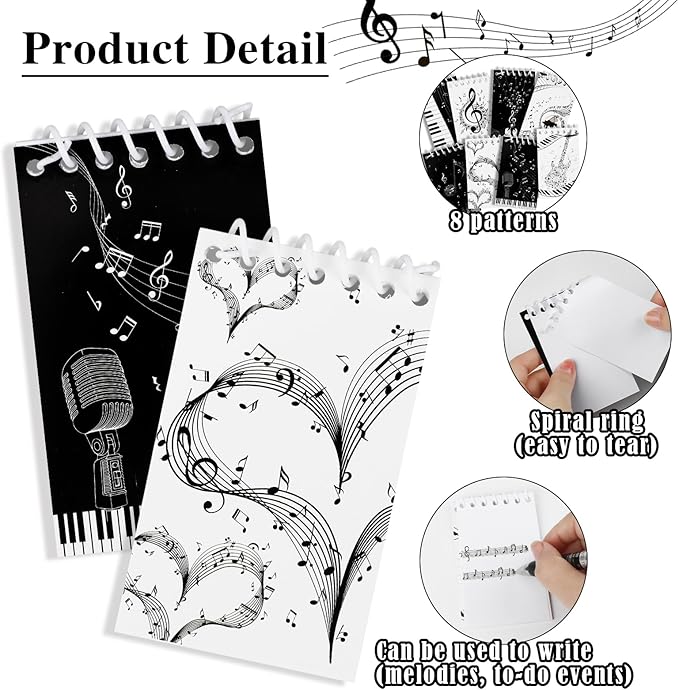 Konsait Music Themed Notepads, Music Note Mini Spiral Notebook Message Reminder for Office School Supplies Music Gifts for Teacher Student Classroom Rewards Party Favors (8 Pieces)