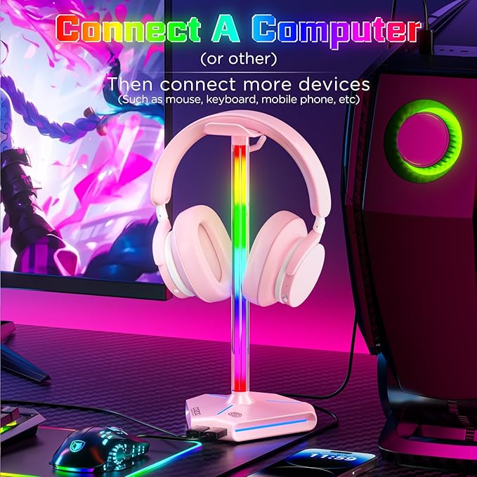 Pink RGB Headphone Stand with 2 USB Ports & Extension Cord, Gaming Headset Stand for Desktop Table, PC Gaming Accessories, Gifts for Girlfriend,Teen Boys Girls, Gaming Setup Organizer
