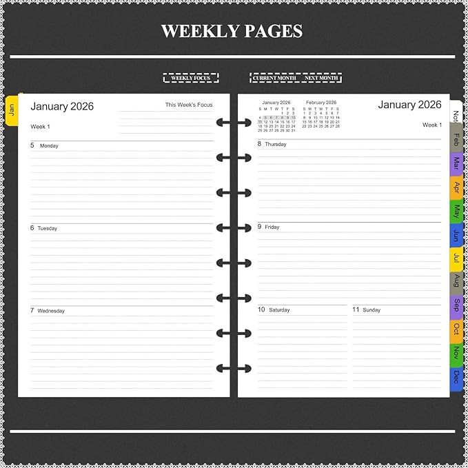 Tiankool 2026 Planner Refill for A5 8-Hole Discbound Binder,Weekly & Monthly Planner Inserts Runs from Jan 2026 to Dec 2026, 5-3/4" x 8-1/4"
