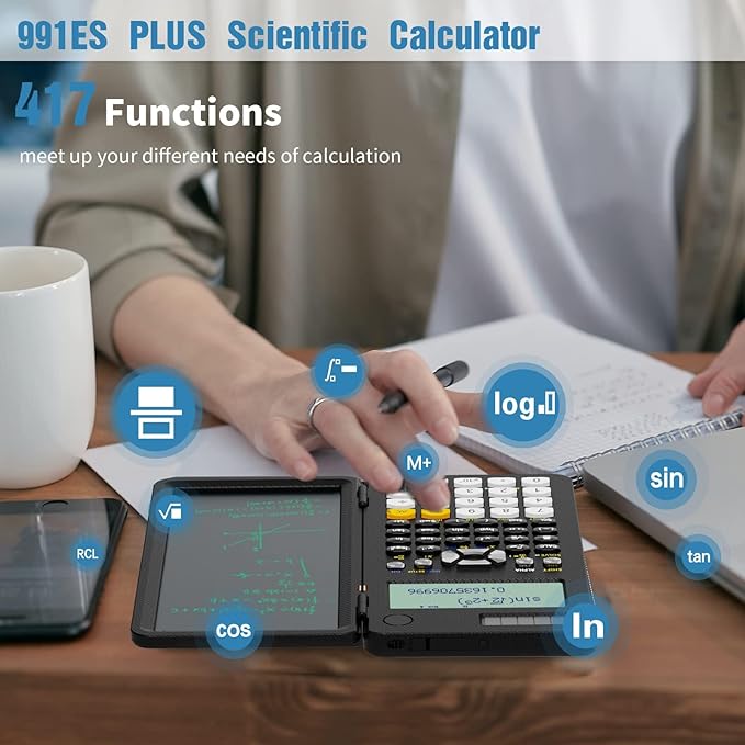 Scientific Calculators for Students 991ES Office Calculators Desktop, ROATEE 4-Line Display Calculator with Erasable LCD Writing Tablet, Solar Battery Power with Notepad Calculator School Supplies